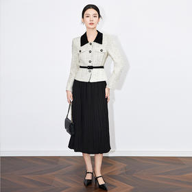 【高货wl】全新升级【铂金会员367/天猫489/差价122】(94132) 洛诗琳法式轻奢高级亮片编织粗花小香风外套压褶半裙套装