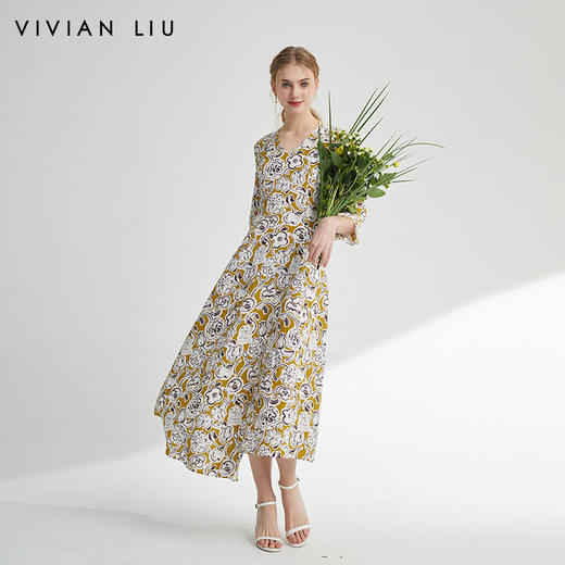 VIVIAN LIU薇薇安刘D2414102梅春女装新款V领印花收腰连衣裙 商品图0
