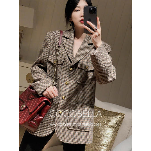 COCOBELLA威尔士格纹毛呢西装外套秋冬通勤多口袋休闲西服SI7020 商品图1