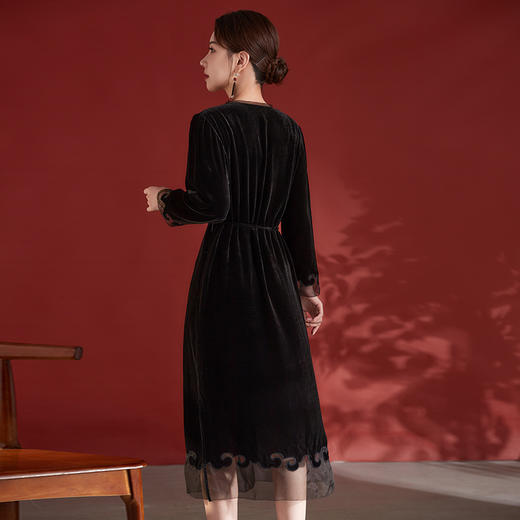 轻奢纯色长袖桑蚕丝，拼接中长裙真丝丝绒连衣裙SM-82498382 商品图3