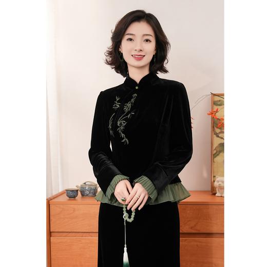 西子/【青竹】进口丝绒韩国绒刺绣拼接国风撞色古典上衣/SYCY213 商品图0