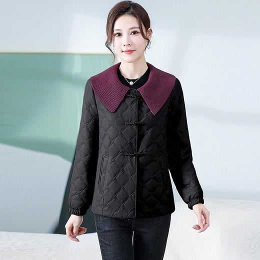 QYM YM-B98826-Y时尚皮外套夹棉保暖秋冬季女装娃娃领薄款棉衣单排扣休闲外套 商品图0