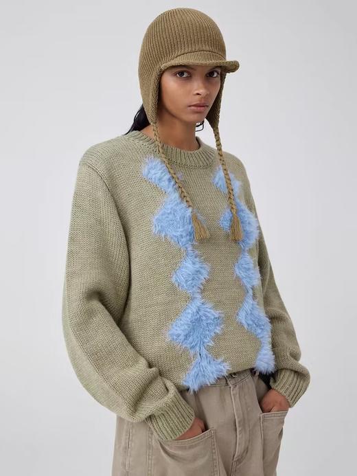 Simple Project/M24174/菱形格撞色浮毛圆领毛衣 商品图1