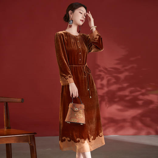 轻奢纯色长袖桑蚕丝，拼接中长裙真丝丝绒连衣裙SM-82498382 商品图1
