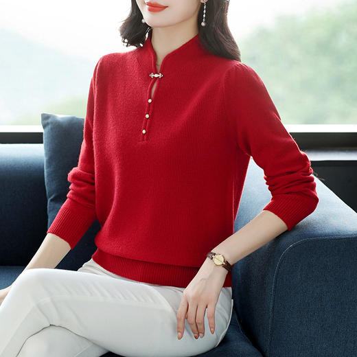 CC-XX-6129    100纯羊毛衫女新款旗袍领毛衣宽松洋气打底衫内搭上衣 商品图1