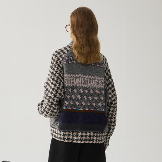 谜底千鸟格外套女2024冬新品复古棒球领拼接大廓形夹克244MW1685 商品图2