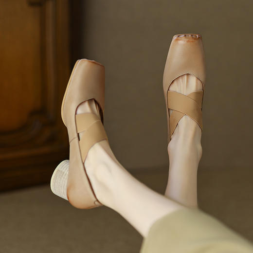 M3669 镇店之宝~！vintage复古小众手工中跟芭蕾舞鞋方头交叉带玛丽珍鞋 商品图3