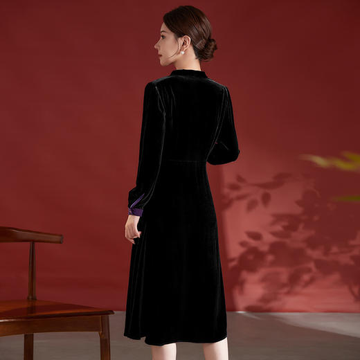 优雅气质真丝丝绒，V领收腰撞色连衣裙SM-82498512 商品图3