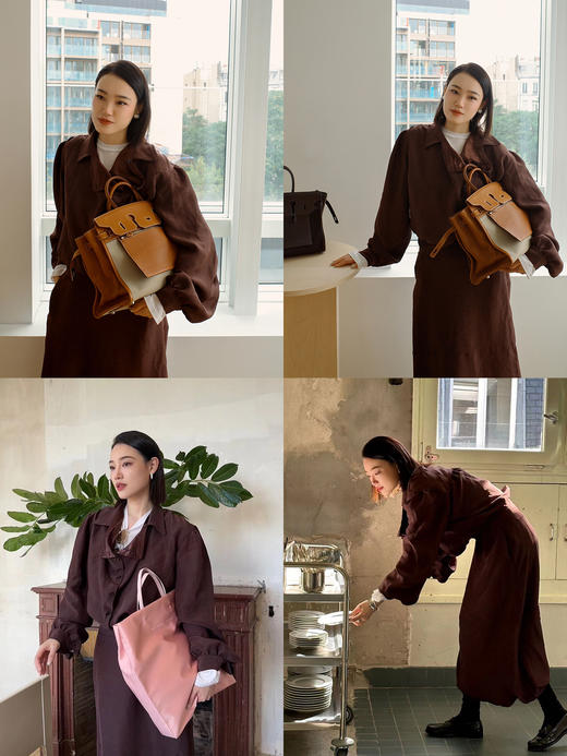 HIDEMI 【当当同款】进口可再生纤维纽扣堆堆领设计感做旧水洗缎面套装 上衣/茧型半裙 勃艮第红/乌木灰棕 商品图3