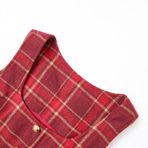 红色系复古气质撞色格纹连衣裙女A字裙方领背心裙V4342909 商品图5