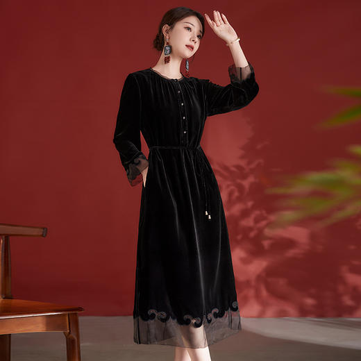 轻奢纯色长袖桑蚕丝，拼接中长裙真丝丝绒连衣裙SM-82498382 商品图2