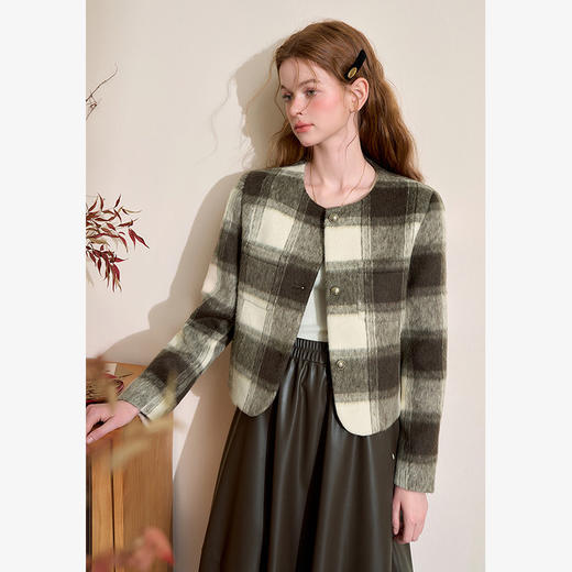 小香风格纹短款圆领外套女秋冬简约优雅保暖呢料外套V4242922 商品图0