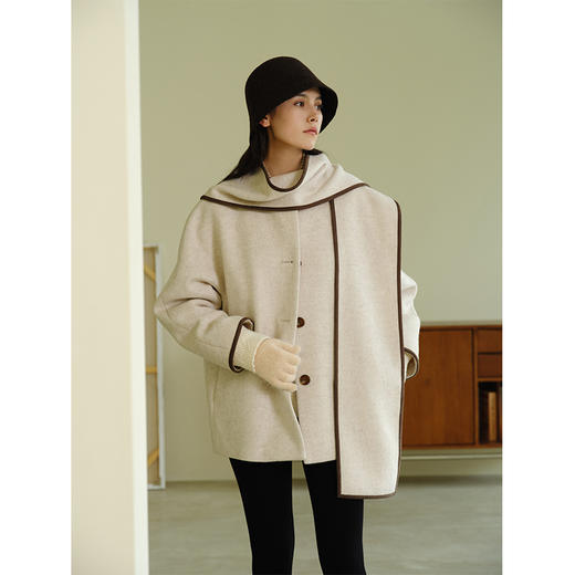 HeyDress围脖领毛呢大衣女秋冬法式羊毛宽松保暖气质短款呢子外套 商品图0