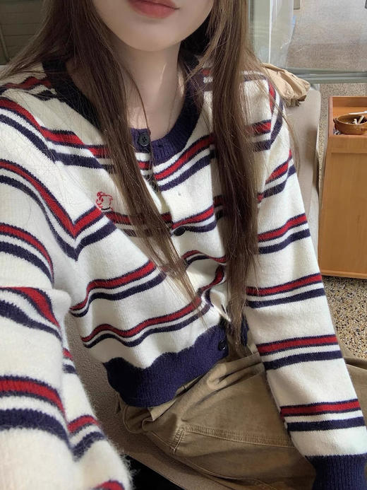 条纹刺绣小狗开衫 商品图0