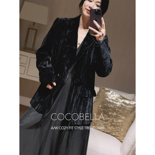 COCOBELLA新中式竹叶拓印压褶丝绒西装女国风盘扣外套SI3007B 商品图1
