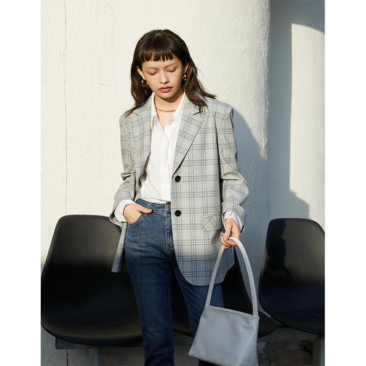 HeyDress法式格纹西装女春秋宽松显瘦休闲通勤平驳领外套上衣 商品图2