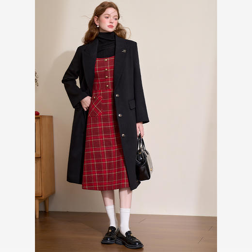 红色系复古气质撞色格纹连衣裙女A字裙方领背心裙V4342909 商品图4