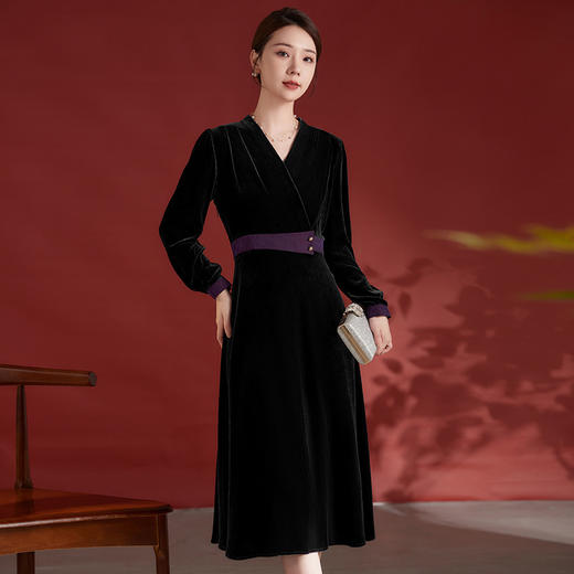 优雅气质真丝丝绒，V领收腰撞色连衣裙SM-82498512 商品图1