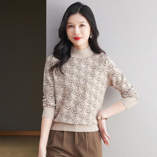 CC-103-86633新款半高领提花宽松女士上衣打底衫秋冬气质百搭羊毛厚款针织衫女 商品图0