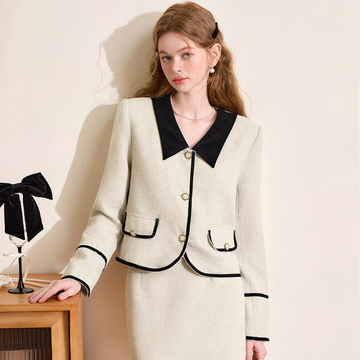 西遇短款小香风外套女新款小香风撞色蝴蝶结领上衣D3742631 商品图2