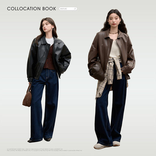 美拉德美式复古机车风PU皮外套女秋季翻领皮衣夹克V0043973 商品图1