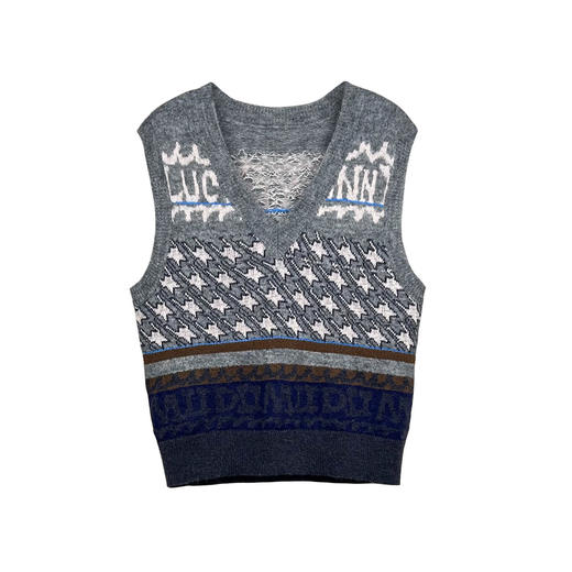 谜底V领套头针织衫女2024冬季新品复古提花短款毛衣背心244MZ1870 商品图4