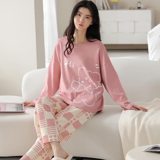 【带胸垫全棉家居服】春秋可外穿女士纯棉长袖长裤睡衣 甜美可爱防凸点秋天家居服套装 商品图1