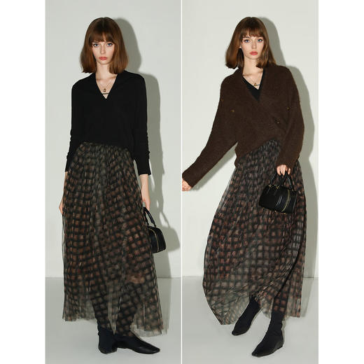 COCOBELLA双层网纱混搭风不规则大摆半身裙女格纹长裙HS3086 商品图1