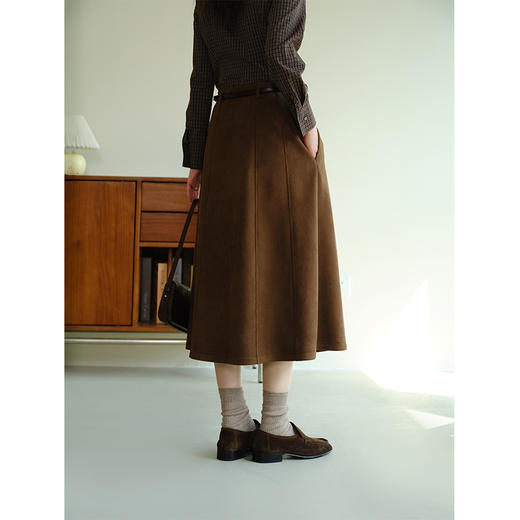 HeyDress复古麂皮半身裙女秋冬法式高腰显瘦皮裙气质棕色a字半裙 商品图3