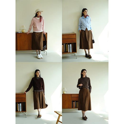 HeyDress复古麂皮半身裙女秋冬法式高腰显瘦皮裙气质棕色a字半裙 商品图1