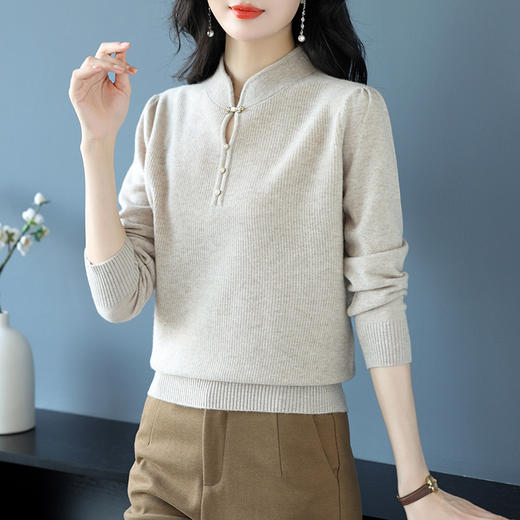 CC-XX-6129    100纯羊毛衫女新款旗袍领毛衣宽松洋气打底衫内搭上衣 商品图2