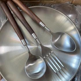 「9.9到手2支！颜值派」不锈钢复古木柄砂光餐具 牛排刀叉餐具仿木叉勺胡桃木刀叉勺餐饮用具四件套