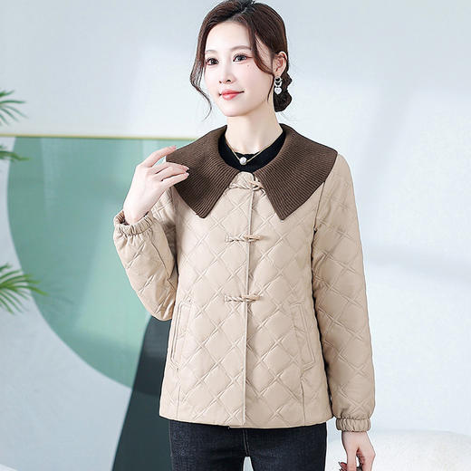 QYM YM-B98826-Y时尚皮外套夹棉保暖秋冬季女装娃娃领薄款棉衣单排扣休闲外套 商品图1