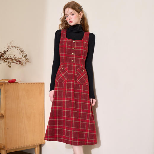 红色系复古气质撞色格纹连衣裙女A字裙方领背心裙V4342909 商品图2