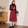 红色系复古气质撞色格纹连衣裙女A字裙方领背心裙V4342909 商品缩略图1