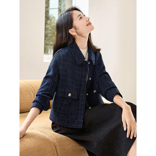 【年货节】熙世界轻奢绒感粗花呢小香风外套女小个子短款夹克上衣2025秋新款 商品图1