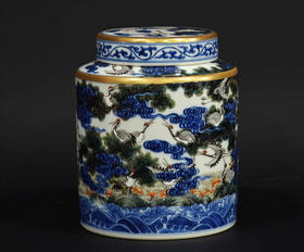 青花斗彩百鹤图茶叶罐