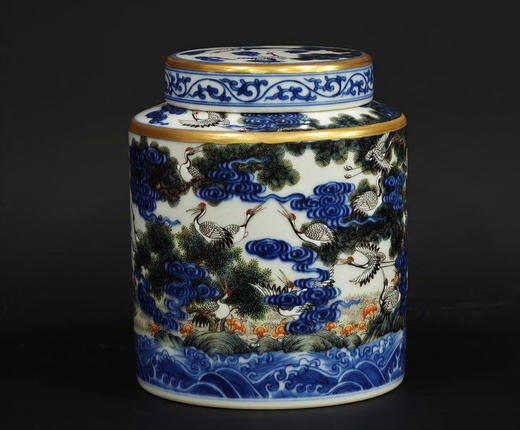 青花斗彩百鹤图茶叶罐 商品图0