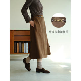 HeyDress复古麂皮半身裙女秋冬法式高腰显瘦皮裙气质棕色a字半裙