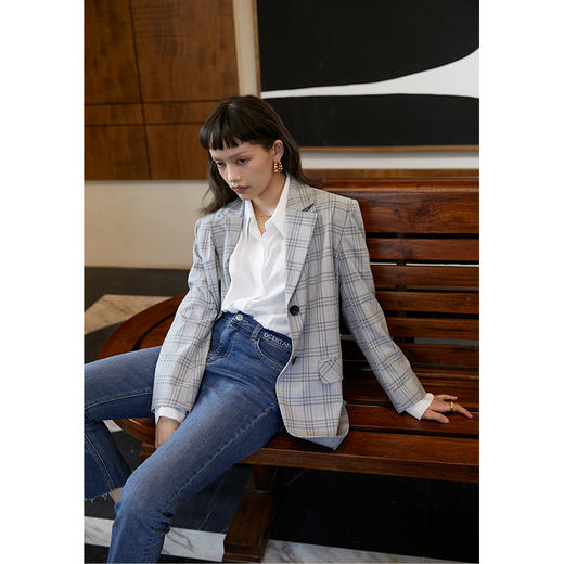 HeyDress法式格纹西装女春秋宽松显瘦休闲通勤平驳领外套上衣 商品图4