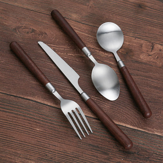「9.9到手2支！颜值派」不锈钢复古木柄砂光餐具 牛排刀叉餐具仿木叉勺胡桃木刀叉勺餐饮用具四件套 商品图2