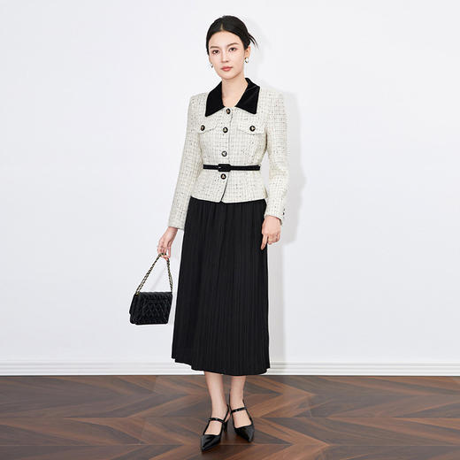 【高货wl】全新升级【铂金会员367/天猫489/差价122】(94132) 洛诗琳法式轻奢高级亮片编织粗花小香风外套压褶半裙套装 商品图1