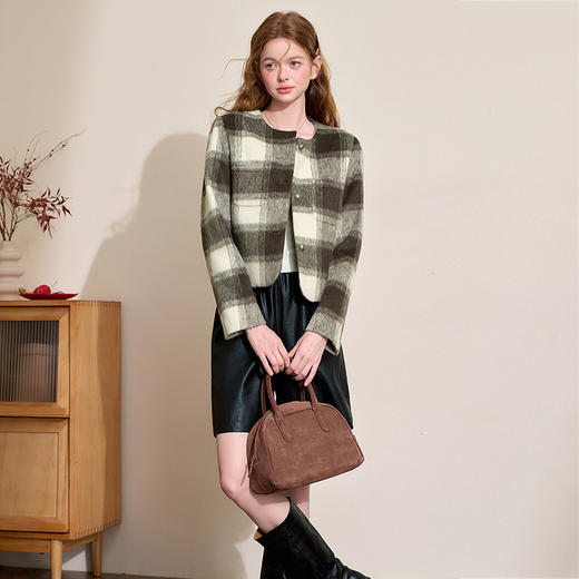 小香风格纹短款圆领外套女秋冬简约优雅保暖呢料外套V4242922 商品图3