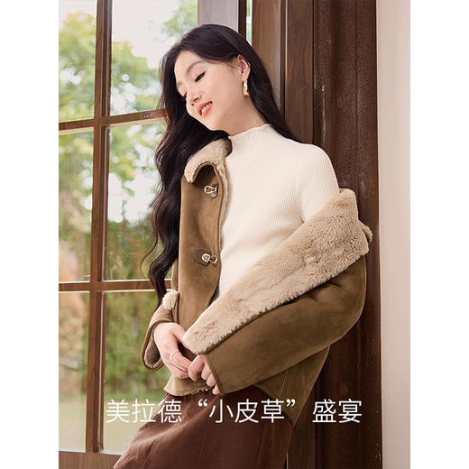 【年货节】熙世界美拉德麂皮绒短外套女秋冬仿兔毛皮草保暖皮毛一体夹克上衣 商品图2