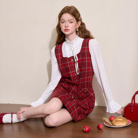复古气质撞色格纹连衣裙女早春A字裙方领直筒背心裙V4342908