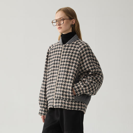 谜底千鸟格外套女2024冬新品复古棒球领拼接大廓形夹克244MW1685 商品图1