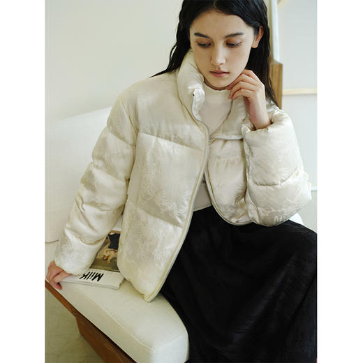 HeyDress新中式提花羽绒服女冬季短款白鸭绒暗纹压花保暖白色外套 商品图2