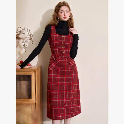 红色系复古气质撞色格纹连衣裙女A字裙方领背心裙V4342909 商品图0