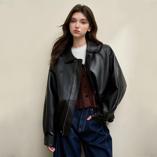 美拉德美式复古机车风PU皮外套女秋季翻领皮衣夹克V0043973 商品图3