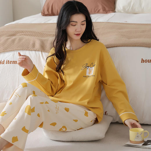 【带胸垫全棉家居服】春秋可外穿女士纯棉长袖长裤睡衣 甜美可爱防凸点秋天家居服套装 商品图3